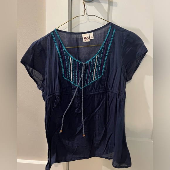 SO Brand Cinched Waist Navy Peasant Top with Embroidered Detail - Picture 1 of 3